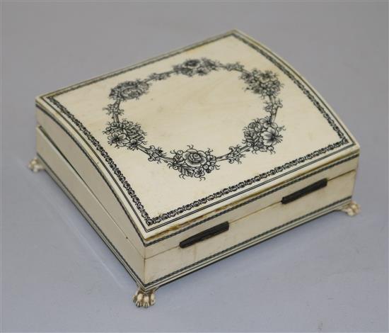 A late 19th century Vizagapatam boxed set of gaming counters, 4.25in.